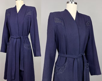 Vintage 1940s Coat | XS, Extra Small | 40s Wool Coat, Navy Blue with Wrap Front, Strong Shoulders, Fit & Flare Coat, Princess Coat