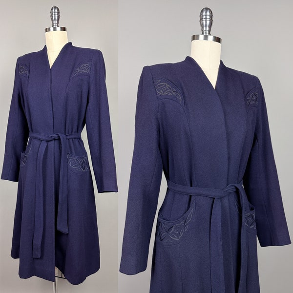 Vintage 1940s Coat | XS, Extra Small | 40s Wool Coat, Navy Blue with Wrap Front, Strong Shoulders, Fit & Flare Coat, Princess Coat