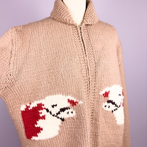 Vintage 1950s Cowichan Sweater | XL, Extra Large | Hand Knit Wool Zip-Front Sweater with Poll Hereford Cow or Bull Design, Cattle Rancher