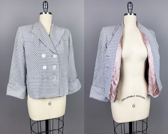 Vintage 1940s Jacket | Medium | 40s 1950s Rayon Swing Jacket with Strong Shoulders, Cuffed Sleeves, Grey & White Houndstooth, Pink Lining