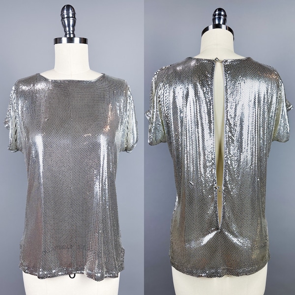 Vintage 1980s Whiting and Davis Top | 80s Vintage Metal Mesh T-Shirt Style Blouse in Silver, Anthony Ferrara