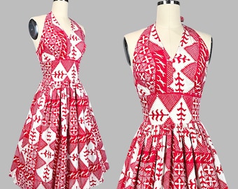 ビンテージ ハワイアン フラ ソルト ＆ペッパー Vintage 1950s Hawaiian Dress by Surf 'n Sand | Small | 50s