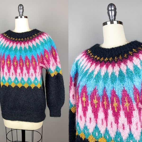 Vintage Hand Knit Mohair Sweater by Lillunn of Norway | Small Medium | 1980s Rainbow Colours Fair Isle Mohair Oversized Pullover Jumper