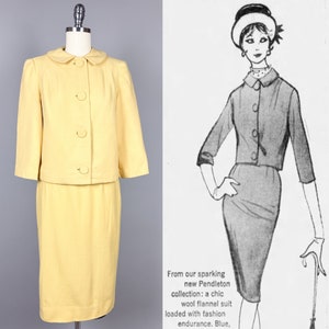 Puede incluir: Un traje de falda amarillo con una chaqueta de cuello y cierre de botones. El traje se muestra en un maniquí y un dibujo de línea de una mujer que lleva un traje similar.