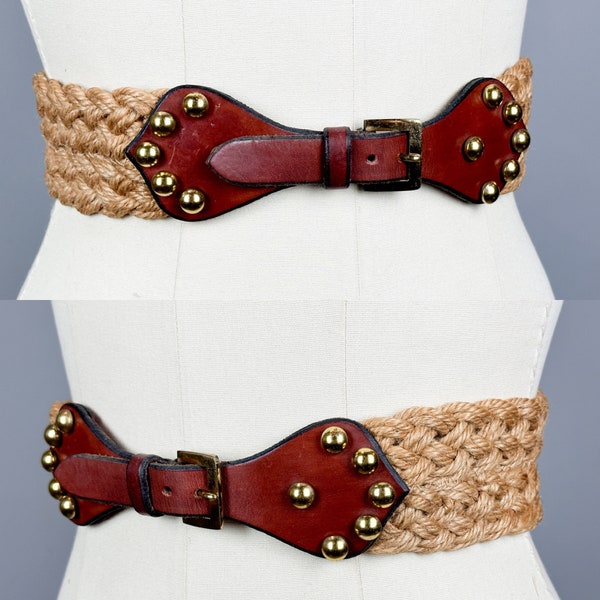 Vintage 1950s Belt by Etienne Aigner | Medium/Large, 29” to 31" Waist | Mid 50s Studded Leather Rope Belt with Gold Studs