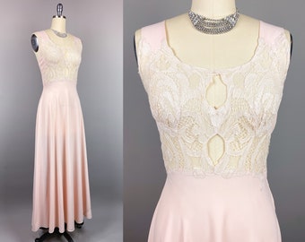 vintage années 1940 Nightgown | Petite, moyenne | 40s 1950s Bias Cut Rayonne Robe de nuit avec corsage en dentelle en trou de serrure, encolure Scoop, longueur du sol