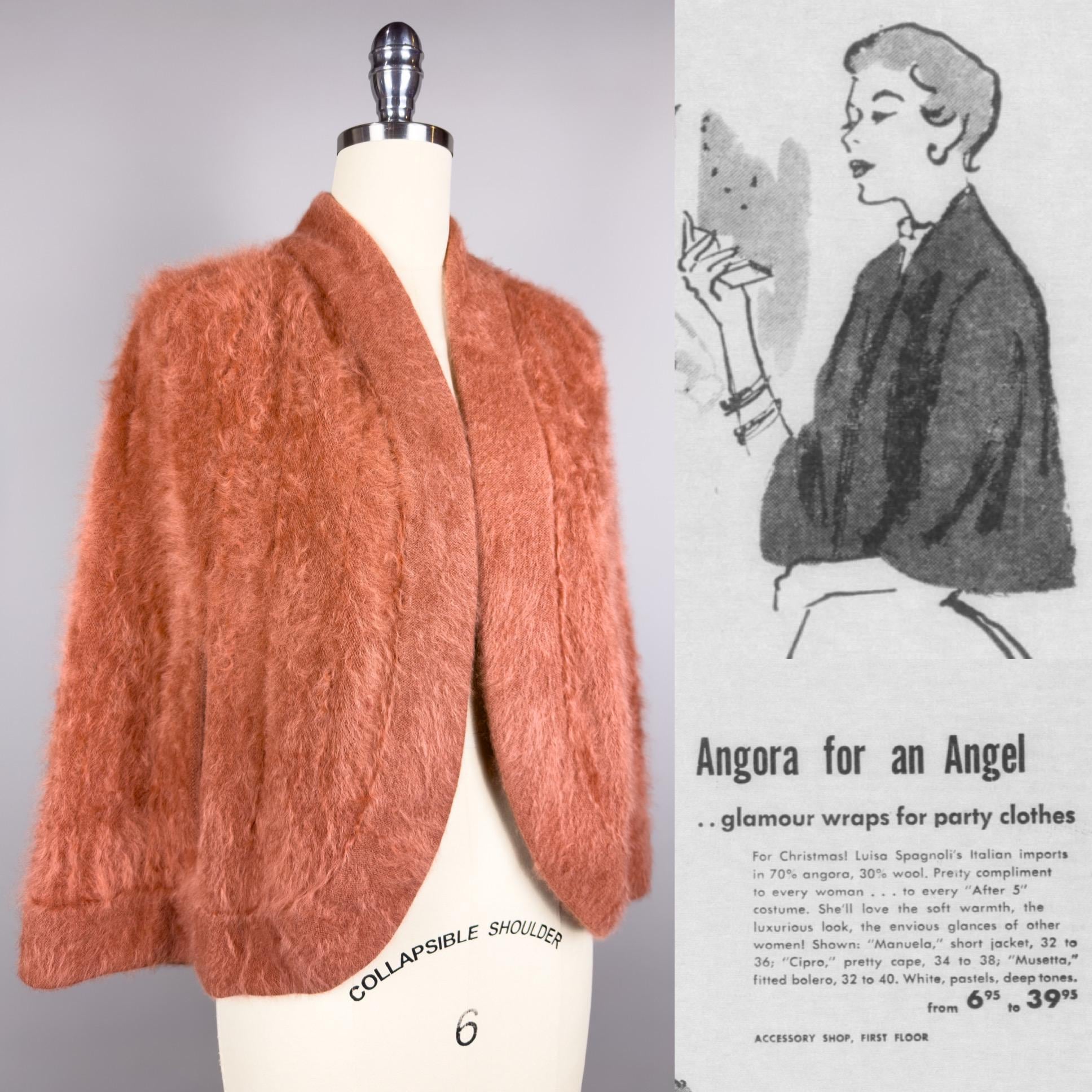 Capa de angora vintage de los años 50 de Luisa Spagnoli Perugia Italia / OSFM / Capa de lana de cordero de angora súper esponjosa de los años 50, chal envolvente en color naranja