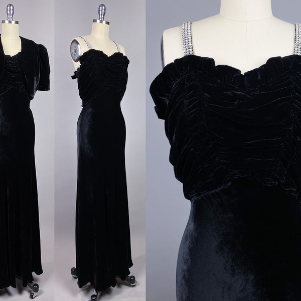 Vintage 1930s Dress | XS Extra Small | 30s 1940s Bias Cut Velvet Gown, Rhinestone Straps, Ruffle Neckline, Matching Bolero, Art Deco Dress