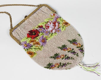 Vintage 1900s Beaded Purse | 1910s Early Twentieth Century Micro Beaded Bag, Handbag with a Floral Design of Roses, Red Silk Lining