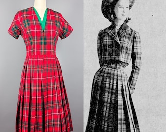 Vintage 1950s Dress by Mam'selle Betty Carol | Small | 50s Plaid Day Dress, Scottish Tartan Fit & Flare Dress