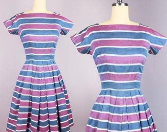 Vintage 1950s Dress by GiGi Young | Small S | 50s Chambray Striped Cotton Day Dress, Full Skirt, Iridescent Blue Pink White Stripes