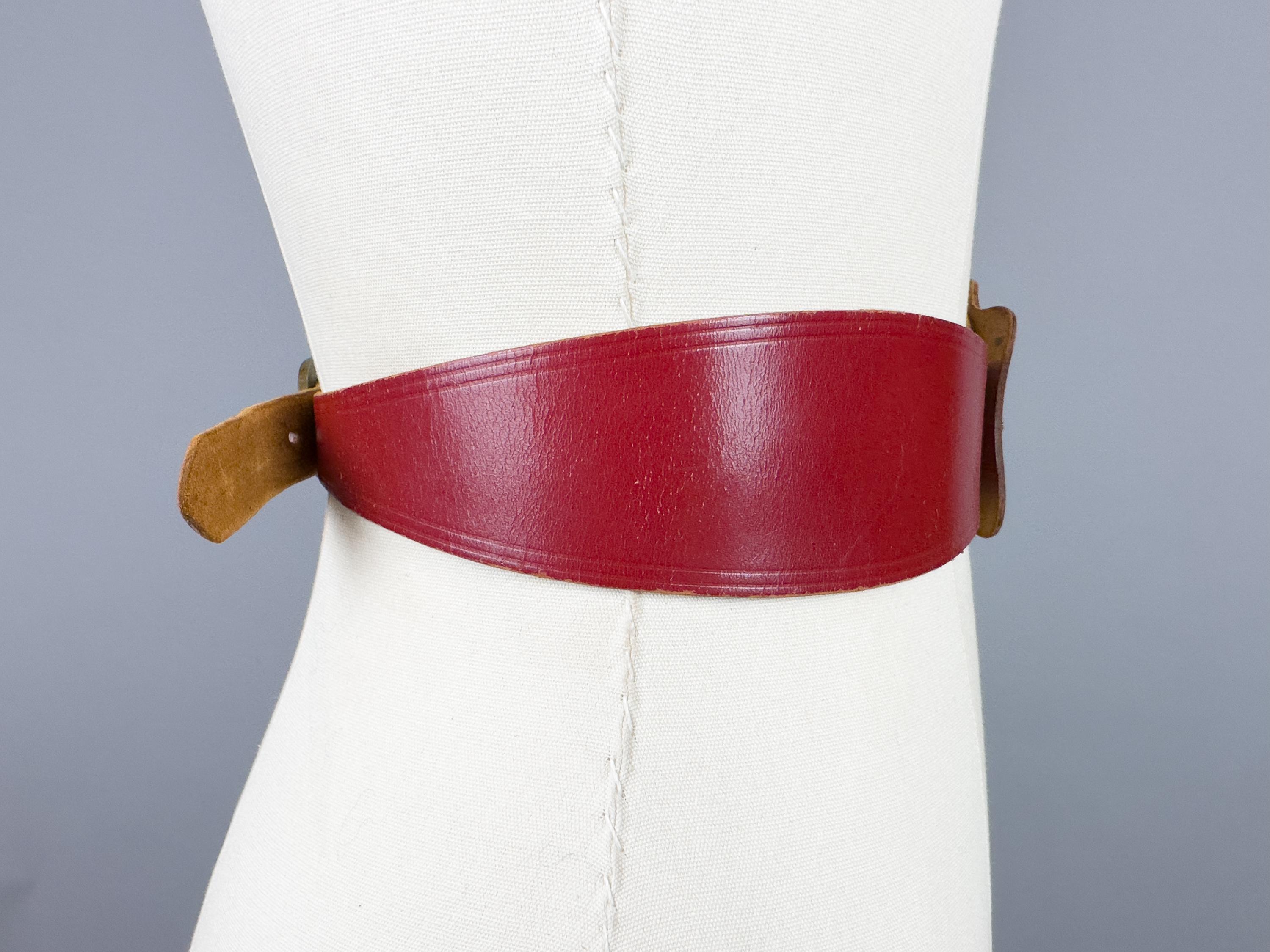 Roger Van S Vintage Red Leather Belt MCM Unique Closure Brass Buckle Size 28 Vintage 1950s Belt by Roger Van S | Small 26 main image 3