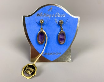 Vintage 1970s Amethyst Earrings by Whiting & Davis | 70s Clip Back Earrings, Clip-On Gold Earrings in Amethyst Stone, Brand New and Unworn