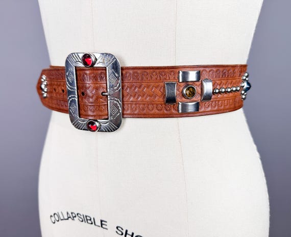 小物 used western belt Looper Western Style Tooled Leather Belt, 34, with Silver