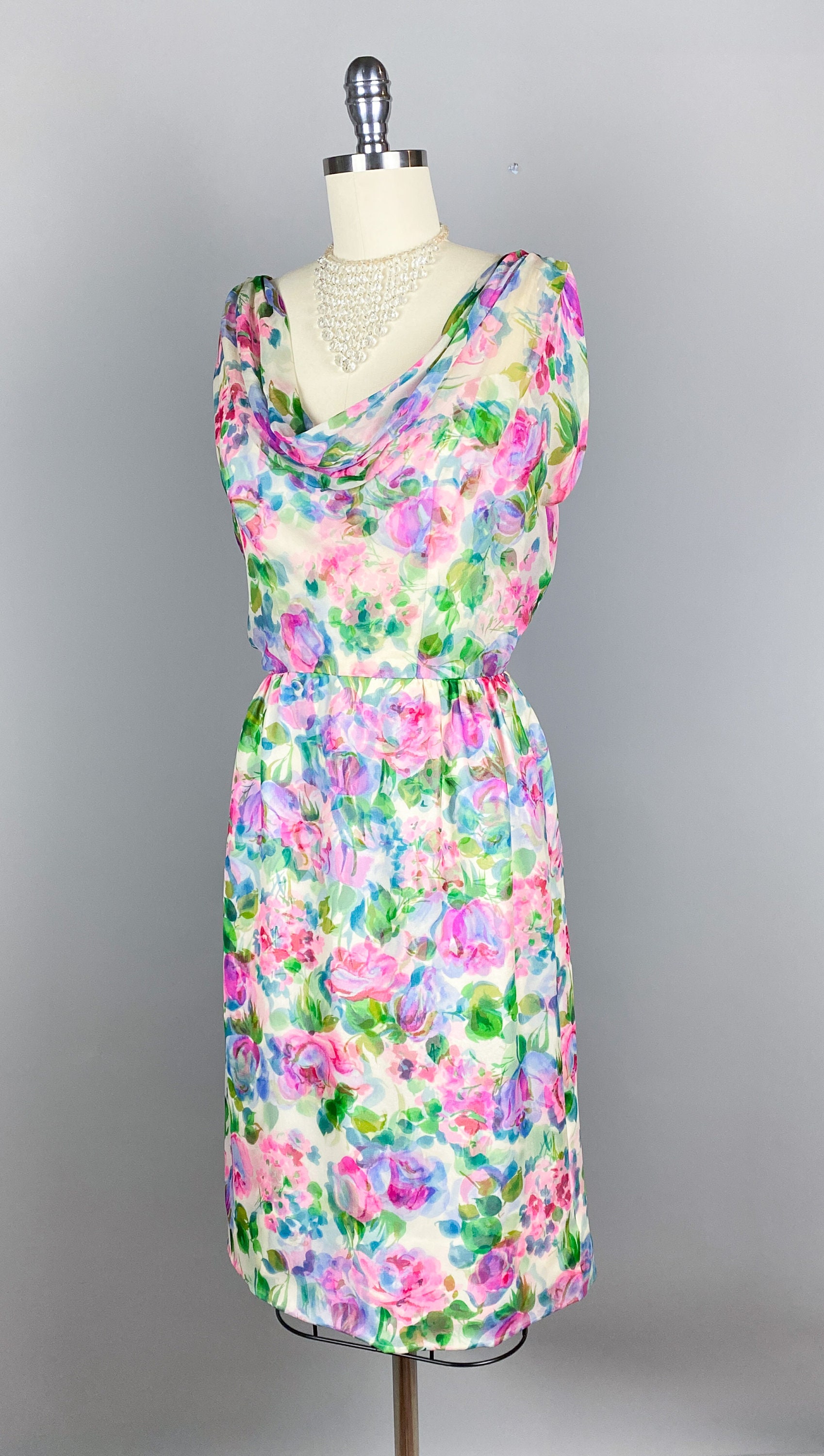Vintage 1960s Dress by Malcolm Starr Small 60s Silk Chiffon Watercolor ...