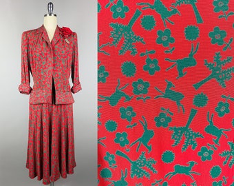 Vintage 1940s Dress, A New York Creation with Novelty Print of Lambs | Small | 40s Rayon Crepe Dress, New York Creations, Four-Piece Dress