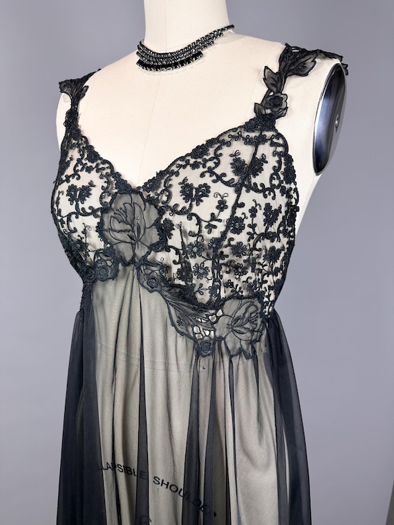 VANITY FAIR, vintage 1950s nightgown slip dress, Black sheer chiffon full pleated night dress, rosette Grecian goddess gown