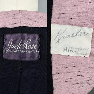 Puede incluir: Una chaqueta de lana rosa y negra con una etiqueta que dice "Jack Rose Santa Barbara - Ventura" y otra etiqueta que dice "Kraeler 100% lana virgen Miron worsted".