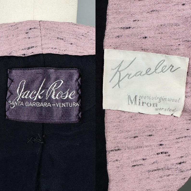 Puede incluir: Una chaqueta de lana rosa y negra con una etiqueta que dice "Jack Rose Santa Barbara - Ventura" y otra etiqueta que dice "Kraeler 100% lana virgen Miron worsted".