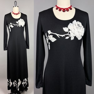 Vintage 1970s Dress by Mr Dino | Small, Medium | 70s Maxi Dress in Black & White Monochrome Rose Border Print, Slinky Figure-Hugging Gown