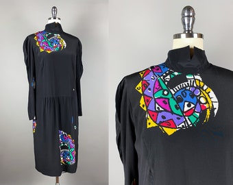 Vintage 1980s Dress by Louis Féraud | Medium | 80s Abstract Print Silk Dress in Black Multicolor Faces Print Avant-Garde Post-Modern Dress