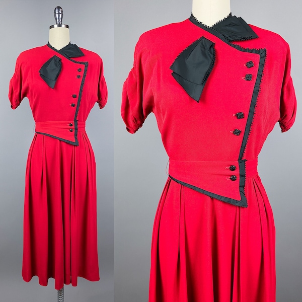 Vintage 1940s Dress by Mary Muffet | Small, XS | 40s Red Rayon Day Dress with Black Accents, Asymmetrical Closure, Matching Belt