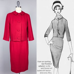 May include: A red wool suit with a skirt and a cropped jacket. The jacket has a Peter Pan collar and four buttons down the front. The suit is on a white mannequin.