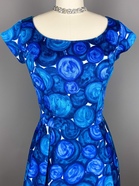 Vintage 1960s Dress by Georgia Bullock | Small | 60s 1950s Polished Cotton Dress with Painterly Bubble Print in Blue and Teal