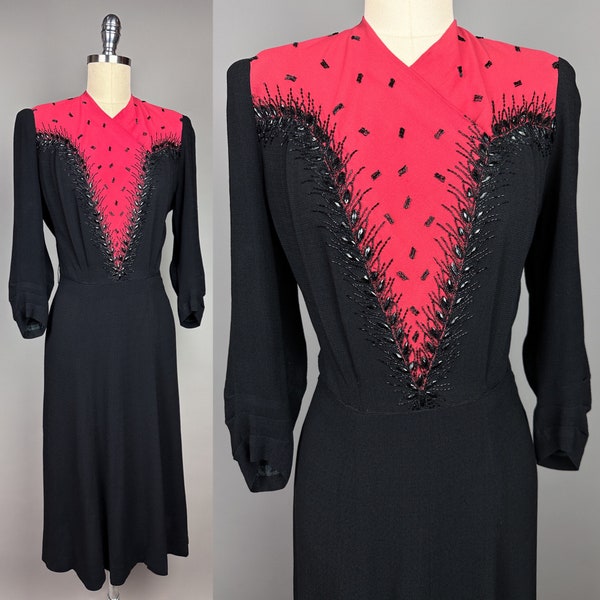 Vintage 1940s Dress | Small | 40s 1930s Two-Tone Beaded Cocktail Dress, Hot Pink & Black Color Block Rayon Crepe, Bell Zipper