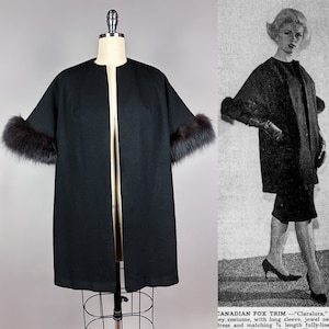 Vintage 1960s Coat with Fox Fur Trim by Claralura | Small, XS | 60s Wool Cape Coat/Jacket, Super Plush Black Fox Fur, Glamorous Fur Coat