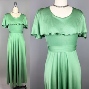 Vintage 1970s Dress | Small | 70s Goddess Maxi Dress with Cape Collar, Self Belt, Scoop Neckline – by Gilda