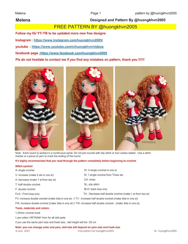 Melena Doll Free Crochet Pattern Design by Huongkhvn Etsy