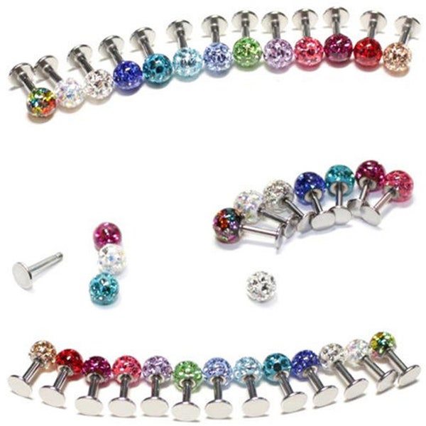 Labret Lip Piercing Ear Piercing Tragus Ball Epoxy Ferido Crystal Glitter Ball 3-5 mm Longueur de tige 5-16 mm