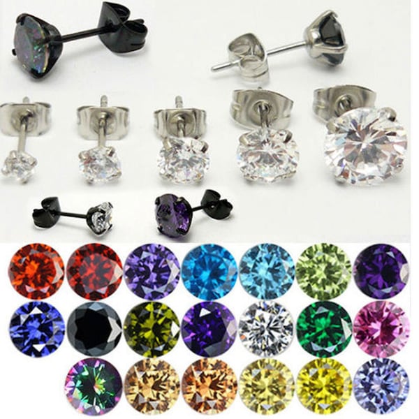 1 Paar Ohrstecker CZ Zirkonia Chirurgenstahl Stein Silber 3mm/4mm/5mm/6mm/8mm Damen Schmuckgeschenk Geburtssteine violet tanzanite amethyst