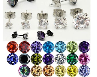 1 pair of CZ cubic zirconia stud earrings, surgical steel, silver, 3 mm/4 mm/5 mm/6 mm/8 mm, women's jewelry gift, birthstones, violet tanzanite, amethyst
