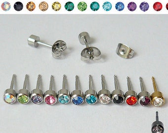 1 pair of very small ear studs stainless steel zirconia stone earrings surgical steel 4 mm/ 5/32"/ 0.157" Crystal yellow red black blue green yellow