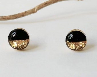 1 paio di piccoli orecchini a bottone neri in foglia d'oro 18k, orecchini luminosi in resina, acciaio chirurgico, regalo speciale per gioielli vintage da donna femminile