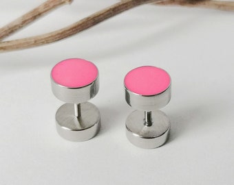 1 Paar  pink neon Fake Plugs Edelstahl Silber Ohrring Ohrstecker Männer Frauen 8 mm 0 gauge Jewelry surgical stainless steel frauen männer