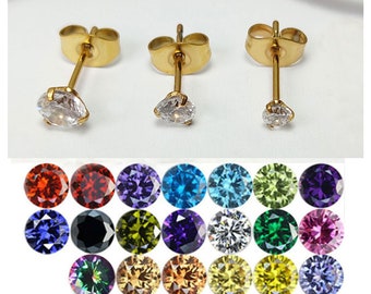 1 pair of 18k gold plated stud earrings zirconia surgical steel stone 3 mm/4 m ladies jewelry gift champagne violet tanzanite amethyst green yellow red