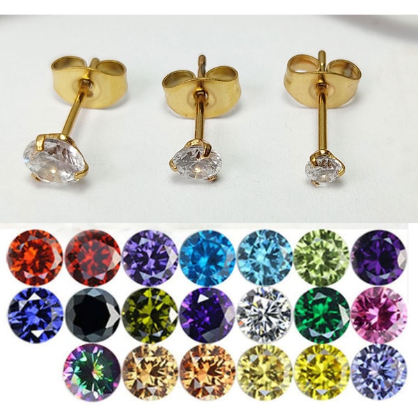 1 pair of 18k gold plated stud earrings zirconia surgical steel stone 3 mm/4 m ladies jewelry gift champagne violet tanzanite amethyst green yellow red