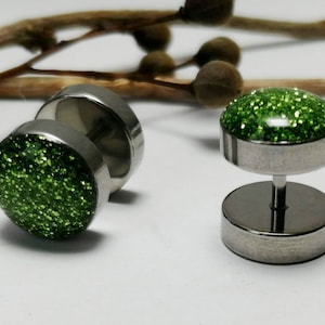 1 pair of moss green glitter fake plug/earring/fake plugs/helix/surgical steel ear studs silver glitter 4 mm - 16 mm small large glitter