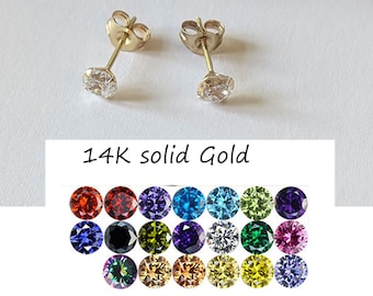 1 pair of 14k solid 585 gold real gold stud earrings CZ zirconia 3 mm/4 m jewelry gift gold violet tanzanite amethyst green yellow crystal peridot
