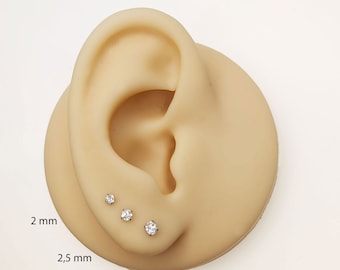 Pezzi/paia piccoli orecchini a bottone in titanio minimalisti CZ orecchio cristallo zirconia senza nichel ipoallergenico piercing all'orecchio padiglione auricolare argento 2/2,5/3 mm