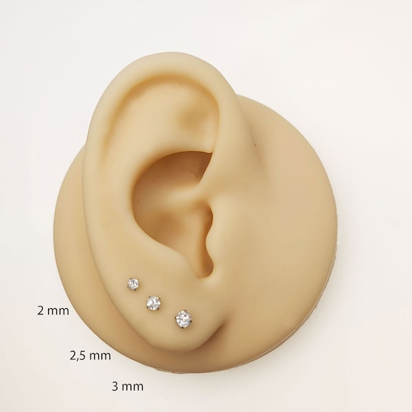 Stk./Paar kleine Titan Ohrstecker minimalistisch CZ Ohr Crystal Zirkonia nickelfrei hypoallergen Ohrpiercing Ohrmuschel Silber 2/ 2,5/ 3 mm