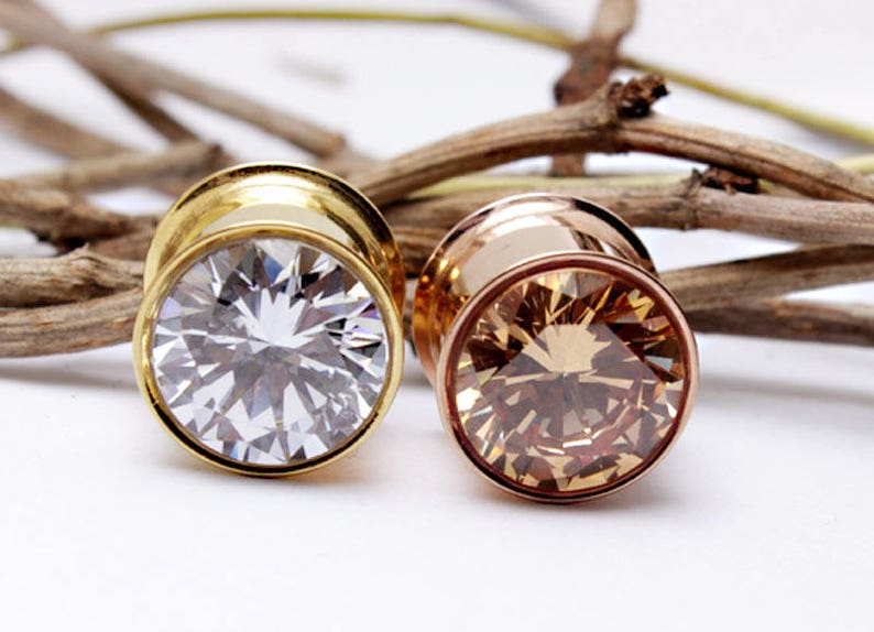 1 pair of Flesh Tunnel Zirkonia Stone Ear Plug Piercing Double Flared stainless steel tube men jewerly women/'s ear piercing gold rose color 6-16 mm