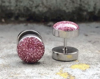 1 pair of pink glitter fake plug in different sizes/earring/fake plugs/helix/surgical steel stud silver glitter magenta