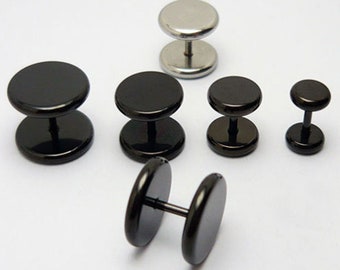 1 par de tapones falsos de acero inoxidable, pendientes con pasador, joyería para hombres y mujeres, acero inoxidable quirúrgico, redondeado en plata y negro