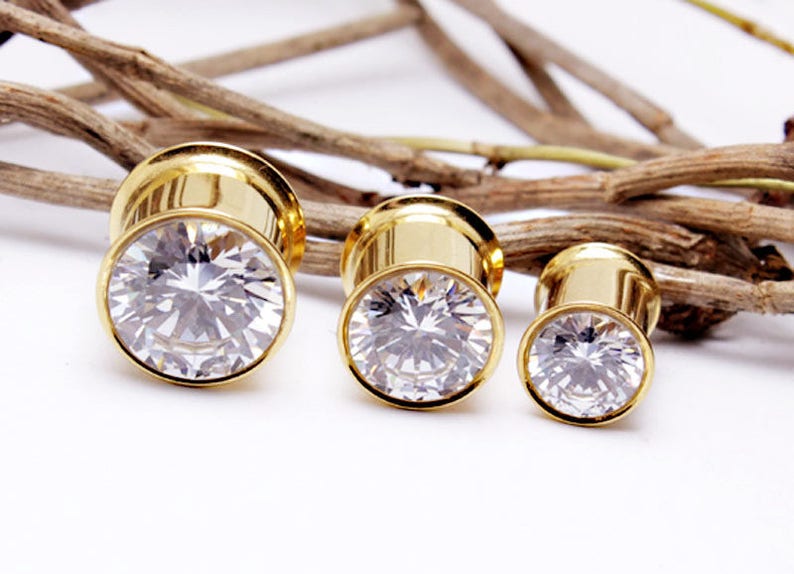 1 pair of Flesh Tunnel Zirkonia Stone Ear Plug Piercing Double Flared stainless steel tube men jewerly women/'s ear piercing gold rose color 6-16 mm
