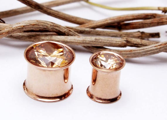 1 pair of Flesh Tunnel Zirkonia Stone Ear Plug Piercing Double Flared stainless steel tube men jewerly women/'s ear piercing gold rose color 6-16 mm