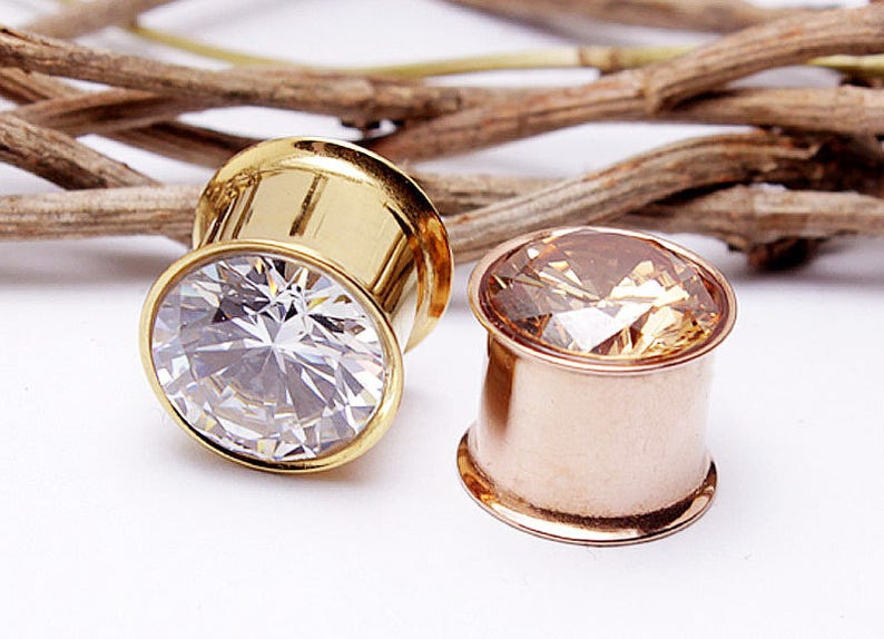 1 pair of Flesh Tunnel Zirkonia Stone Ear Plug Piercing Double Flared stainless steel tube men jewerly women/'s ear piercing gold rose color 6-16 mm